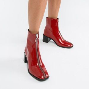 E8 by MIISTA Red Patent Leather Front Zip Heeled Boots